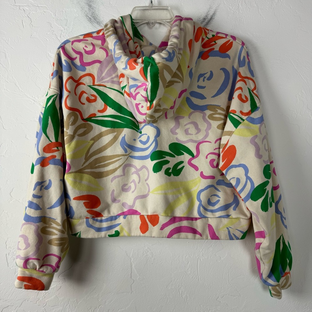 Gap Hoodie Sweatshirt Pullover Sweater Floral Print Neon Graffiti Cream Fleece - Picture 2 of 7